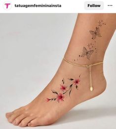 a woman's foot with flowers and butterflies on the ankle tattoo designs for women