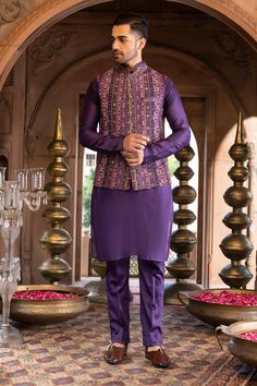 Shop for Chhavvi Aggarwal Purple Crepe Printed Bundi And Kurta Set for Men Online at Aza Fashions Luxury Traditional Men's Wear For Festive Occasions, Luxury Chanderi Bandhgala For Designer Wear, Purple Indian Men Dress, Luxury Traditional Wear For Men With Stand Collar, Luxury Bandhgala With Mandarin Collar For Navratri, Luxury Purple Sherwani For Eid, Luxury Multicolor Nehru Jacket For Wedding, Luxury Purple Bandhgala For Festive Occasions, Luxury Festive Purple Bandhgala