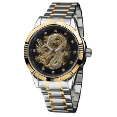 Treat yourself to luxurious inspired elegance. An intriguing and evocative design. This watch features an intricately designed gold-plated dragon which wraps itself around an automatic movement on the dial, adding unique appeal. The ancient legends of the dragon have created a symbol of power and strength worldwide. Perfect for the man who exudes power and strength; true style will never fail to impress.Using the finest materials finished to the highest standards, Timepieces International has de Gold Stainless Steel Chronograph Watch With Skeleton Dial, Steampunk Watches With Round Dial For Formal Occasions, Steampunk Automatic Watch For Formal Occasions, Steampunk Watches For Formal Occasions, Steampunk Style Formal Watches, Gold Steampunk Watch With Skeleton Dial, Steampunk Watch With Skeleton Dial, Steampunk Watches With Metal Dial For Formal Occasion, Steampunk Formal Watch With Metal Dial