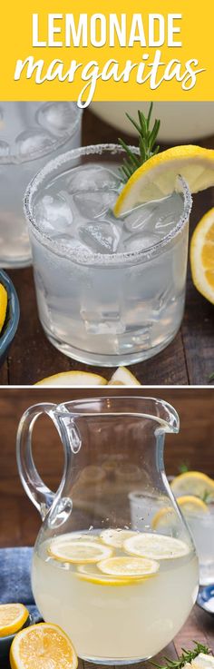 lemonade margaritas in pitchers with ice and sliced lemons