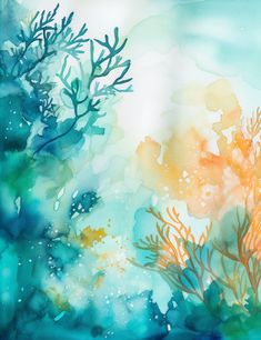 watercolor painting of seaweed and corals in blue, yellow and orange colors