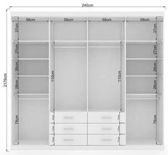 the measurements for an organized closet with drawers and shelving unit, including two shelves