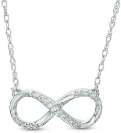 Zales 1/10 CT. T.W. Diamond Infinity Necklace in Sterling Silver Sterling Silver Infinity Necklace In White Gold, Infinity Shaped Cubic Zirconia Necklace With Diamond Accents, Elegant Infinity Necklace In Diamond White, Diamond White Infinity-shaped Sterling Silver Jewelry, Diamond White Infinity Necklace, Fine Jewelry, Diamond Infinity Necklace, Infinity Symbol, Infinity Necklace, Everlasting Love