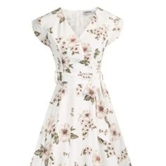 Fitted White V-neck Midi Dress, White Floral Print Stretch Midi Dress, White Midi Dress With Fitted Waist For Spring, Fitted White Floral Print Midi Dress, White Midi Dress With Fitted Waist For Summer, White Stretch Dress With Floral Print, White Dresses With Fitted Waist And Short Sleeves, White Dress With Fitted Waist And Short Sleeves, White V-neck Dress With Fitted Waist