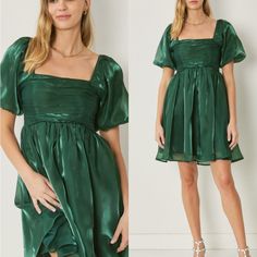 Organza Square Neck Bubble Sleeve Mini Dress Featuring Pleat Detailing At Bust. Smocking At Back. Lined. Woven. Semi-Sheer. Lightweight. 100%Polyester Green Shimmer Dress, Hunter Green Dresses, I'm Yours, Athleisure Dress, Shimmer Dress, Bubble Sleeve, Home Dress, Sheer Sleeves, Dress Romper