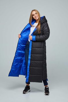 Maxi Quilted Hooded Coat Waterproof and Windproof Long Jacket This women's winter puffer coat is made from raincoat fabric and features a semi-fitted silhouette with set-in sleeves. The attached hood adds extra warmth and protection. Outer Fabric: Raincoat fabric, insulated with silicone Lining: Raincoat fabric Decorative Details: Seams, stitching, zipper trim, and patches Pockets: Hidden zipper pockets in the front seams Closure: Zipper and snap buttons Sleeve Length: 65 cm with a cuff, or 72 c Black Hooded Insulated Parka, Black Insulated Hooded Parka, Waterproof Hooded Puffer Jacket For Winter Sports, Solid Winter Raincoat For Cold Weather, Winter Raincoat For Cold Weather, Blue Waterproof Hooded Winter Jacket, Functional Winter Raincoat With Fleece Lining, Winter Raincoat With Double-lined Hood For Cold Weather, Insulated Blue Winter Outerwear