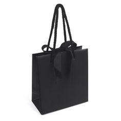 a black shopping bag with a bow on the front and side, isolated against a white background