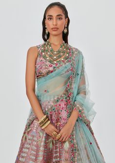 Multicolor Pink/ blue embellished heavy kali tissue contrast broad border lehenga with sleeveless blouse & scallop dupatta. Sleeveless Anarkali Lehenga With Dupatta, Designer Sleeveless Lehenga With Pallu, Fusion Style Choli For Diwali With Traditional Drape, Fusion Style Sets With Dupatta For Navratri, Fusion Style Pre-draped Saree With Dupatta For Festive Occasions, Fusion Sets With Dupatta For Navratri, Festive Fusion Style Pre-draped Saree With Dupatta, Festive Fusion Pre-draped Saree With Dupatta, Navratri Fusion Sets With Dupatta