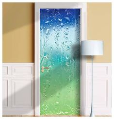 an open door with water drops on it and a lamp next to it in the corner