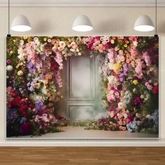 an open door surrounded by flowers on a wall