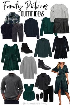 a collage of family pictures and outfits for the fall / winter season with text overlay that says family pictures outfit ideas