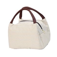 a white and brown striped bag on a white background