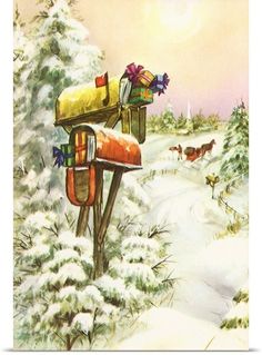 a painting of a mailbox in the snow with presents on it's top