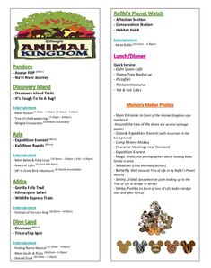 the menu for an animal park with animals and other things to eat on it's side