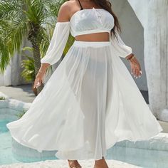 Plus Off Shoulder Chiffon Cover Up Top & M-Slit Hem Skirt Without Bikini Swimsuit Skirt Coverup, Plus Size Off The Shoulder, Pool Dress, Chiffon Cover Up, Pool Party Outfits, Beachwear Swimwear, Skirt Coverup, Beach Coverup Dress, Sea Summer