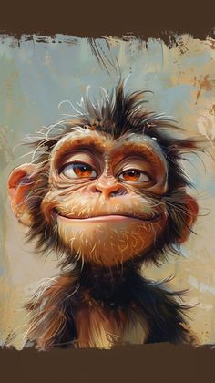 a painting of a smiling monkey with long hair