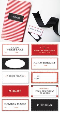 printable christmas gift tags with the words merry and bright, on top of each other