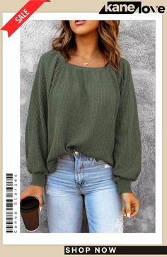 Green Scoop Neck Puff Sleeve Waffle Knit Top Waffle Knit Top, Elevate Your Style, Waffle Knit, Your Style, Knit Top, Puff Sleeve, Waffles, Scoop Neck, Sweaters For Women