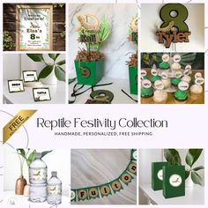 a collage of photos with green and gold items on it, including cupcakes, cake toppers, cards, and decorations