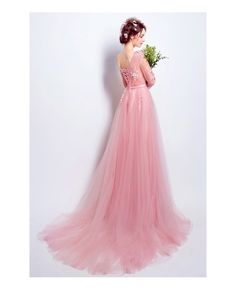 Shop affordable romantic a-line v-neck sweep train tulle wedding dress with flowers online. Custom-made any size or color. Pro since 2009. V-neck Tulle Gown For Debutante Ball, Tulle V-neck Gown For Debutante Ball, V-neck Tulle Evening Dress For Wedding, Tulle V-neck Evening Dress For Wedding, Tulle Evening Dress With Sweep Train For Wedding, Tulle V-neck Bridesmaid Dress For Wedding, Bridesmaid Tulle Wedding Dress With Sweep Train, Bridesmaid Wedding Dress With Sweep Train And Tulle Material, Pink A-line Gown For Wedding