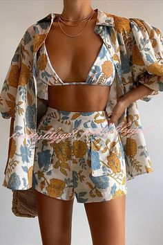 Hawaii Beach Floral Oversized Blouse with Cami Bra and Pocketed Short Set Summer Beach Sets With Pockets, Beach Sets With Pockets And Shorts, Short Printed Beach Sets, Printed Relaxed Fit Beach Sets, Relaxed Fit Printed Beach Sets, Vacation Floral Print Sets With Relaxed Fit, Vacation Sets With Floral Print And Relaxed Fit, Floral Print Sets With Relaxed Fit For Vacation, Relaxed Fit Floral Print Sets For Vacation