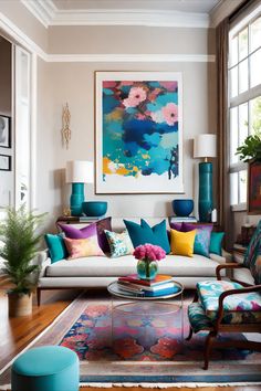 a living room filled with lots of furniture and colorful pillows on top of the couch