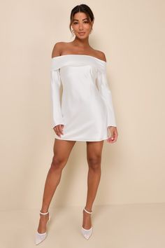 Look effortlessly sensational all through the night with the Lulus Luxurious Vision White Satin Off-the-Shoulder Mini Dress! Sleek woven satin shapes this ultra-flirty dress that features a foldover, off-the-shoulder neckline (with hidden no-slip strips) and elegant long sleeves. The figure-skimming, slip-style silhouette falls to a perfectly sultry mini hem. Hidden side zipper. Fit: This garment fits true to size. Length: Mid-thigh. Size medium measures 33.50" from top to bottom. Bust: Great fo Off-shoulder Satin Finish Cocktail Dress, Off-shoulder Silk Satin Dress For Party, Off-shoulder Satin Dress For Summer Nights, Off-shoulder Satin Evening Dress, Evening Off-shoulder Satin Dress, Silk Off-shoulder Dress For Night Out, Off-shoulder Silk Satin Dress For Night Out, Off-shoulder Satin Dress For Date Night, Glamorous Satin Mini Dress For Brunch