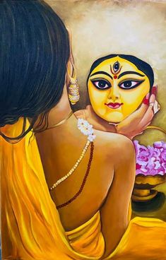 a painting of a woman holding a baby in her arms and wearing a yellow sari