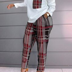 Chicme Plaid Print Long Sleeve Top & Pants Set Size Xl New Without Tags Leopard Print Fashion, Trouser Outfit, Burgundy Fashion, White Fashion Casual, Fall Pants, Plus Size Two Piece, Matching Sweatshirts, Two Piece Pants Set, Khaki Fashion