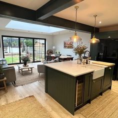 Painted steel beams Kitchen Extension Open Plan, Modern Kitchen Extensions, Kitchen Orangery, Dark Green Kitchen, House Extension Plans, Kitchen Diner Extension, Steel Beam, Extension Plans, Open Plan Kitchen Dining Living