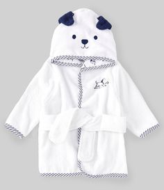 From Little Me&#x2C; this robe features:Solid body with embroidered puppy toile design on the chestNovelty hood with three-dimensional embroidered puppy face and attached "ears"Long sleevesEasy-to-close tie waistContrast striped trim on the hood&#x2C; cuffs&#x2C; placket and hemWoven cotton terryMachine wash/tumble dryImported. White Cotton Bedtime Robe, Baby Boy Registry, Terry Robe, Puppy Face, Kids Gear, Twin Boys, Baby Towel, Boys Bedding, Baby Registry