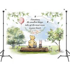 winnie the pooh and piglet sitting on a log with balloons in the background