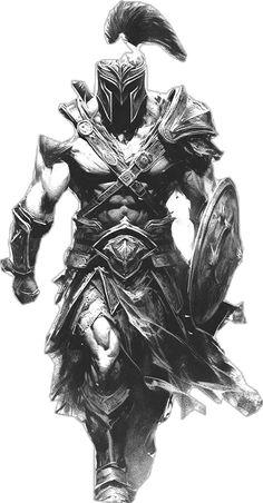 a black and white drawing of a man in armor