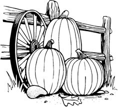 three pumpkins sitting on the ground next to a wooden fence with a wagon behind them