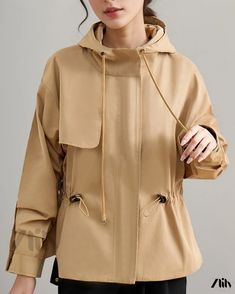 Zlily - Hooded Casual Khaki Jacket Khaki Jacket, Solid Color, Pattern, Quick Saves, Clothes, Color