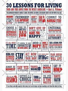 a poster with the words 30 lessons for living and doing things in red, white and blue