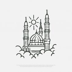 an outline drawing of a mosque in the sky with clouds and sun behind it, on a white background