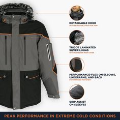 The PolarForce Insulated Parka for Men with Detachable Hood is exactly what you need to work in extreme winter climates. Whether you're outdoors in negative temperatures or dealing with industrial freezer machines, this jacket can provide you with protection and warmth in any frigid environment. The 500 g of insulation power keeps you warm in any weather, while the detachable hood (with removable fur trim) keeps your headspace comfortable. This winter jacket for men fits a range of sizes, from s Functional Parka With Fleece Lining For Outdoor Work, Black Outerwear With Fleece Lining For Outdoor Work, Waterproof Winter Parka For Outdoor Work, Winter Windproof Parka For Outdoor Work, Functional Weatherproof Parka For Outdoor Work, Weatherproof Functional Parka For Outdoor Work, Black Parka With Fleece Lining For Winter Sports, Waterproof Black Parka For Outdoor Work, Insulated Black Parka For Outdoor Activities