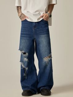 Upgrade your denim game with these Distressed Wide-Leg High-Waisted Flare Jeans. Achieve a stylish and relaxed look with the wide-leg and high-waisted design. The distressed details add a touch of edginess to your outfit. Perfect for a casual yet fashionable look. ■size(cm) Length Waist Hips Hem S 108 72 101 66 M 109 76 105 67 L 110 80 109 69 XL 111 84 113 70 ■model 174cm 61kg M ■material cotton 78.6% regenerated cellulose 14.3% polyester 7.1% Baggy Ripped Denim Blue Bottoms, Baggy Dark Wash Flare Jeans With Frayed Hem, Baggy Casual Flare Jeans With Frayed Hem, Baggy Flare Jeans With Frayed Hem, Casual Dark Wash Ripped Pants, Ripped Casual Flare Jeans For Streetwear, Casual Ripped Flare Jeans For Streetwear, Blue Ripped Wide Leg Bottoms, Casual Ripped High Waist Flare Jeans