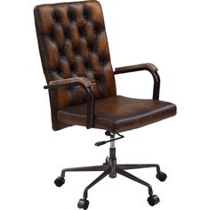 a brown leather office chair with casteors and wheels on an isolated white background, viewed from the front