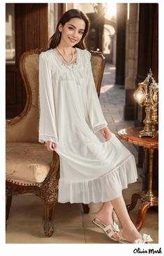 Olivia Mark - Minimalist Comfortable Princess Nightgown: Single-Piece Sheer Mesh Palace-style Loungewear with Long Sleeves Princess Nightgown, Princess Nightgowns, Long Sleeve Evening Gowns, Princess Gown, Satin Bridesmaid Dresses, Loose Fitting Dresses, Olivia Mark, Single Piece, White Long Sleeve