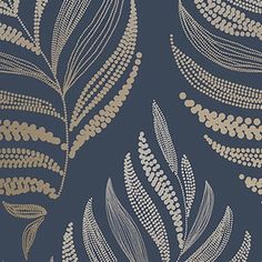 a blue and gold wallpaper with silver leaves on the bottom half of each leaf