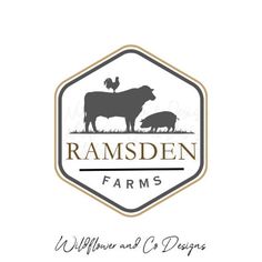 the logo for ramsden farms with an image of two cows and a chicken on it