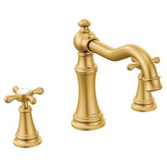 an antique style faucet with two handles and nozzles, in gold