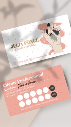 two business cards designed to look like they are being used as makeup products for different purposes