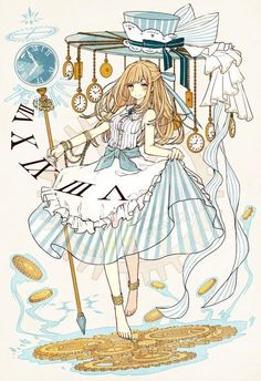 a drawing of a girl in a dress with clocks on her head and an umbrella