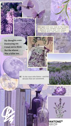 an advertisement for pantone's lavenders with images of flowers and butterflies in them