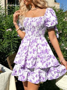 Summer Holiday Floral Printed Square Neckline Dress With Ruffled Hem Purple Boho  Short Sleeve Woven Fabric Floral,Plants,All Over Print A Line Non-Stretch  Women Clothing, size features are:Bust: ,Length: ,Sleeve Length: Square Neckline Dress, Short Sleeve Summer Dresses, Cute Dress Outfits, Casual Preppy Outfits, Neckline Dress, Summer Dress Outfits, Cute Summer Dresses, Dress For Short Women