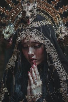 a woman wearing a veil and holding her hands in front of her face with both hands