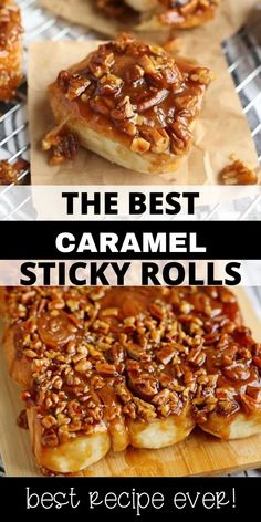 Collage of caramel nut sticky bun at top and sheet of sticky buns on cutting board at bottom. Caramel Rolls Recipe, Caramel Rolls, Birthday Cake Decorating Ideas, Cake Decorating Ideas, Sticky Buns, Birthday Cake Decorating